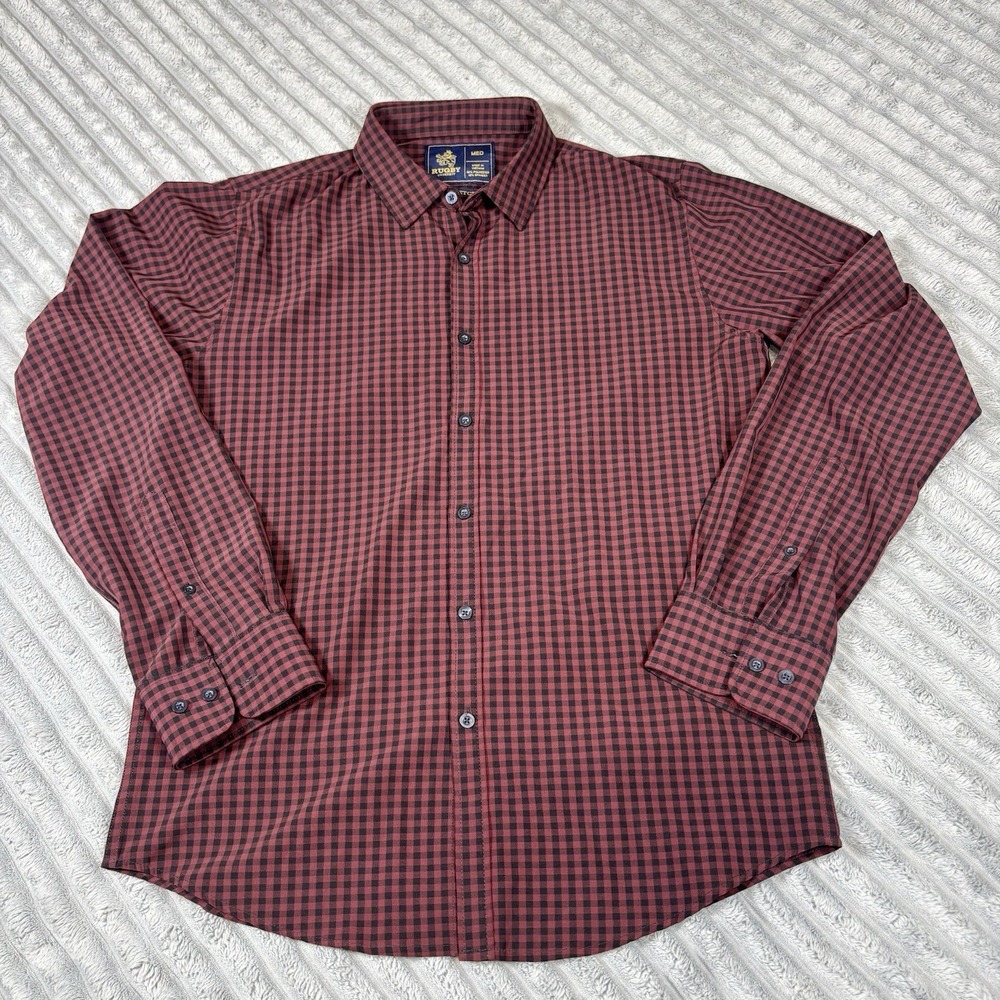 Rugby University Shirt Men Sz M‎ Red & Black Gingham Check Long Sleeve Button Up